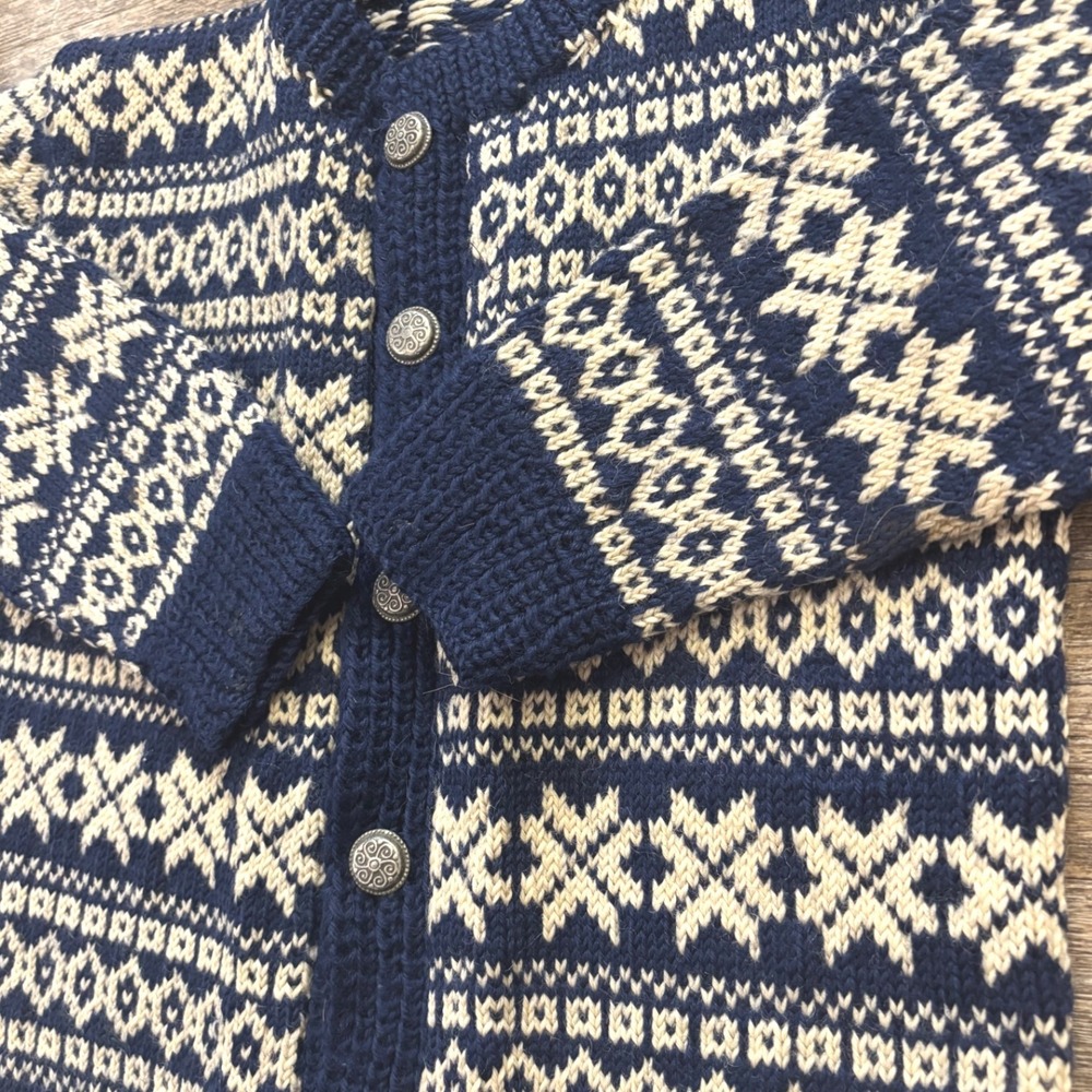 Handmade Norwegian Wool Cardigan Sweater Kids Navy Fair Isle Nordic Metal Button